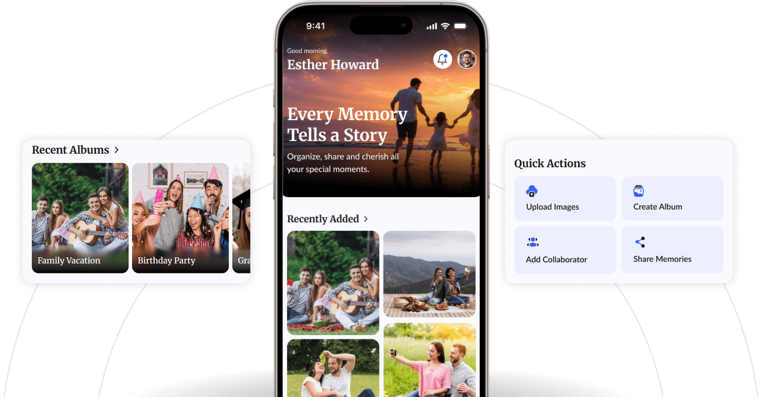 EndBox mobile app showing recent albums and quick actions